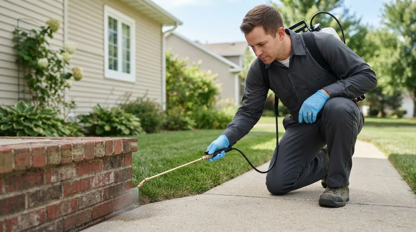 Pest control technician treating a home near Wilmont, MN